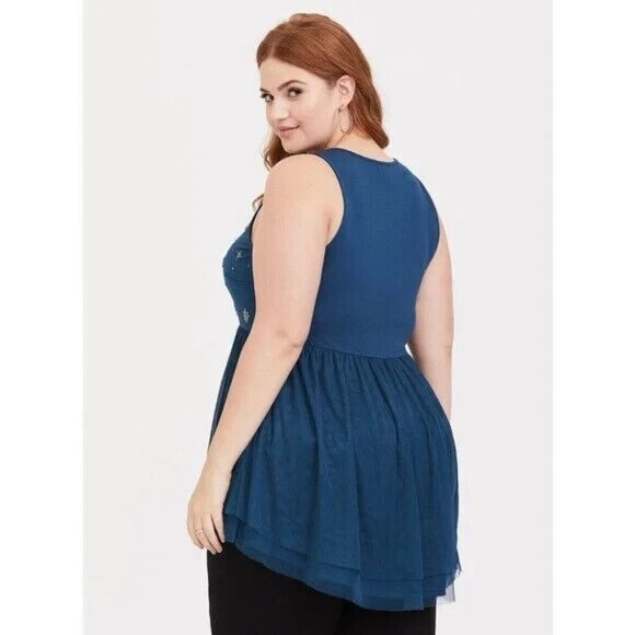 Torrid Blouse Women 3X Blue Mesh Silver Beaded Sleeveless Plus Size - Picture 2 of 8